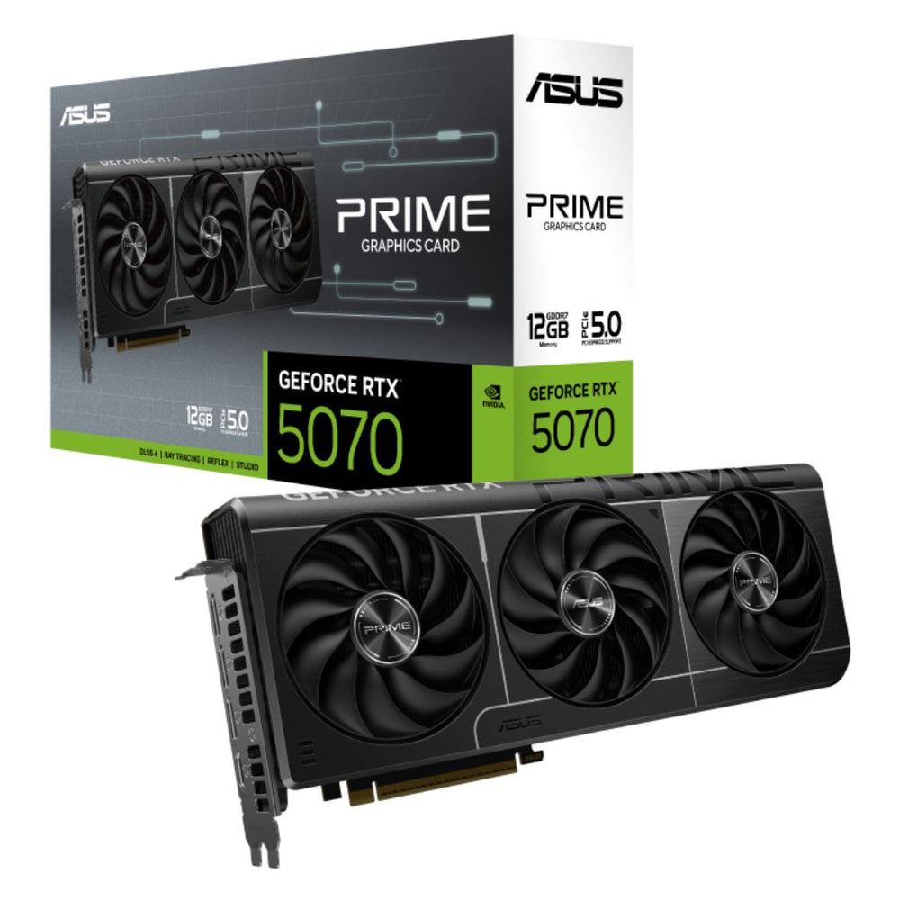 ASUS PRIME RTX 5070 front view
RTX 5070 dual-fan cooling design
ASUS PRIME RTX 5070 backplate view
HDMI and DisplayPort connectivity of RTX 5070
Subtle RGB accents on ASUS PRIME RTX 5070