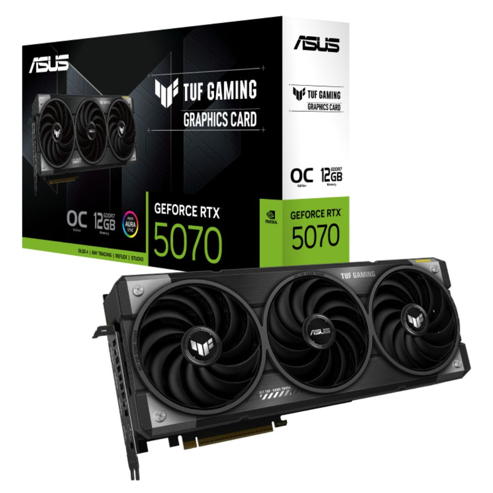 ASUS TUF RTX 5070 front and side view
Triple-fan cooling of ASUS TUF RTX 5070
Reinforced backplate of ASUS TUF 5070
ASUS RTX 5070 port layout (HDMI + DisplayPort)
RGB lighting preview of ASUS TUF RTX 5070