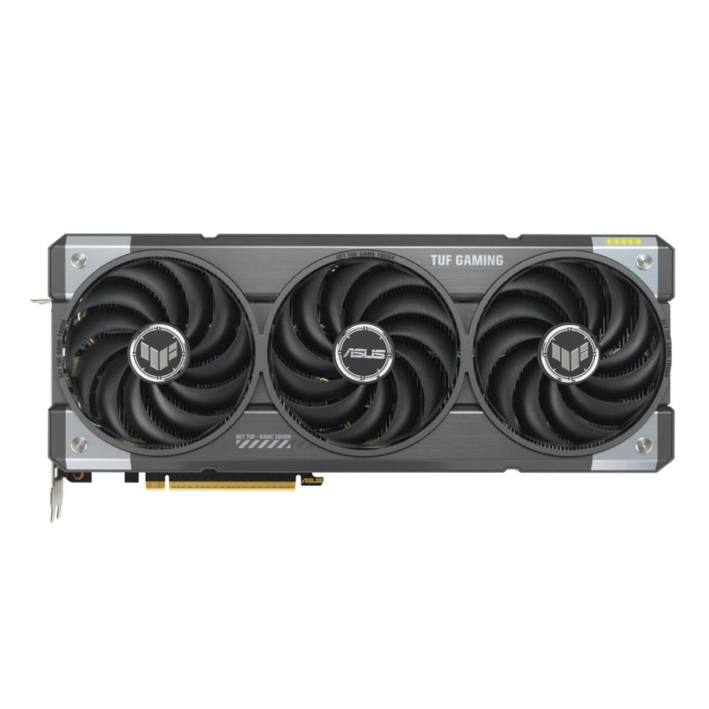 ASUS TUF RTX 5070 front and side view
Triple-fan cooling of ASUS TUF RTX 5070
Reinforced backplate of ASUS TUF 5070
ASUS RTX 5070 port layout (HDMI + DisplayPort)
RGB lighting preview of ASUS TUF RTX 5070