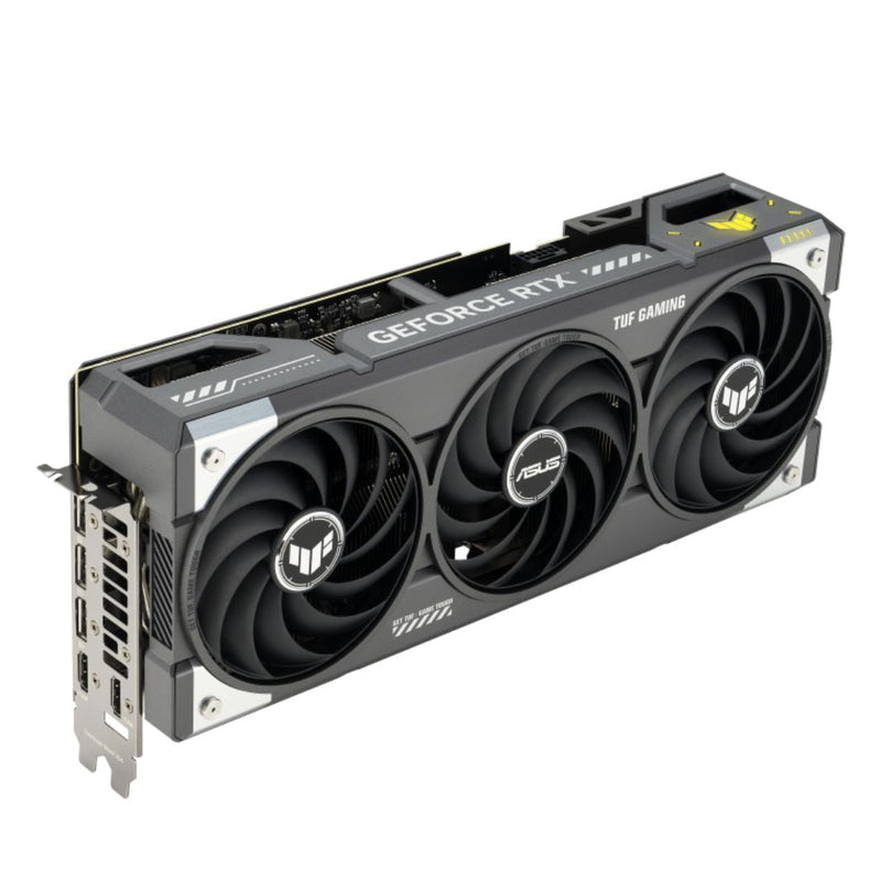 ASUS TUF RTX 5070 front and side view
Triple-fan cooling of ASUS TUF RTX 5070
Reinforced backplate of ASUS TUF 5070
ASUS RTX 5070 port layout (HDMI + DisplayPort)
RGB lighting preview of ASUS TUF RTX 5070