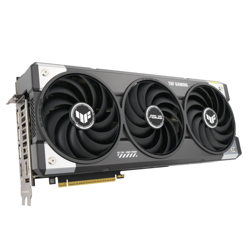 ASUS TUF RTX 5070 front and side view
Triple-fan cooling of ASUS TUF RTX 5070
Reinforced backplate of ASUS TUF 5070
ASUS RTX 5070 port layout (HDMI + DisplayPort)
RGB lighting preview of ASUS TUF RTX 5070