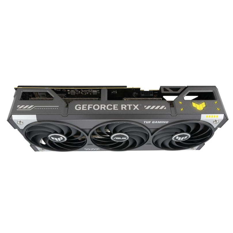 ASUS TUF RTX 5070 front and side view
Triple-fan cooling of ASUS TUF RTX 5070
Reinforced backplate of ASUS TUF 5070
ASUS RTX 5070 port layout (HDMI + DisplayPort)
RGB lighting preview of ASUS TUF RTX 5070