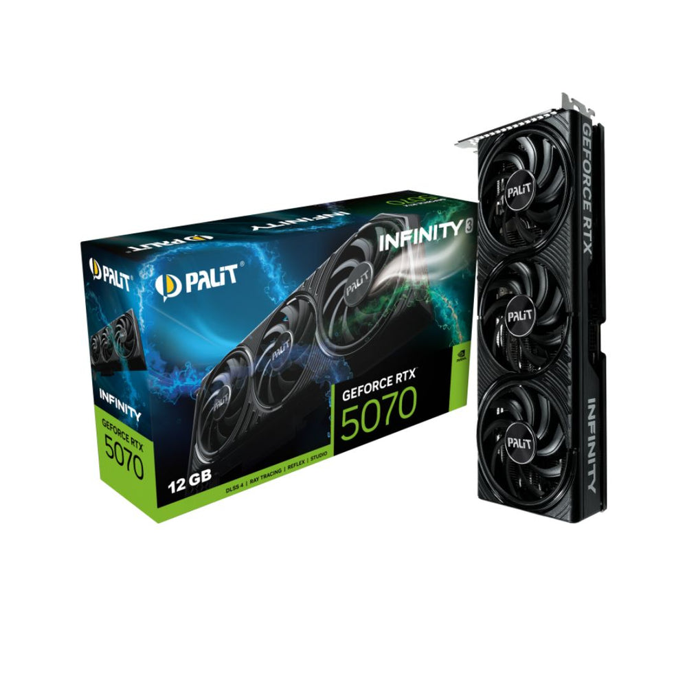 Front view of PALIT RTX 5070 Infinity 3 Graphics Card with triple-fan cooling
Side angle of Palit RTX 5070 12GB GDDR7 GPU
Backplate design of GeForce RTX 5070 Infinity 3 by Palit
PALIT NE75070019K9-GB2050S Graphics Card PCIe slot view