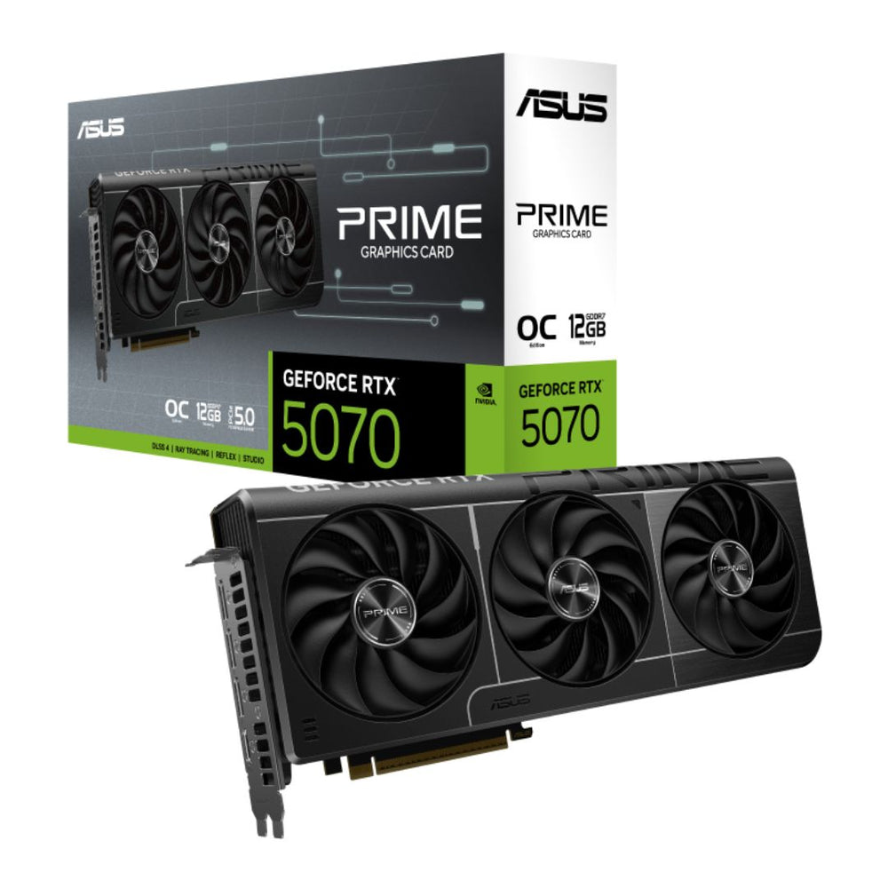 ASUS PRIME RTX 5070 OC front view
ASUS RTX 5070 OC Edition dual-fan cooling design
Backplate and ports of ASUS PRIME RTX 5070 OC
ASUS PRIME RTX 5070 OC RGB lighting view
PCIe 5.0 connector close-up on ASUS RTX 5070 OC