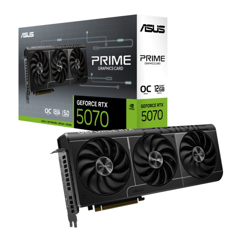 ASUS PRIME RTX 5070 OC front view
ASUS RTX 5070 OC Edition dual-fan cooling design
Backplate and ports of ASUS PRIME RTX 5070 OC
ASUS PRIME RTX 5070 OC RGB lighting view
PCIe 5.0 connector close-up on ASUS RTX 5070 OC