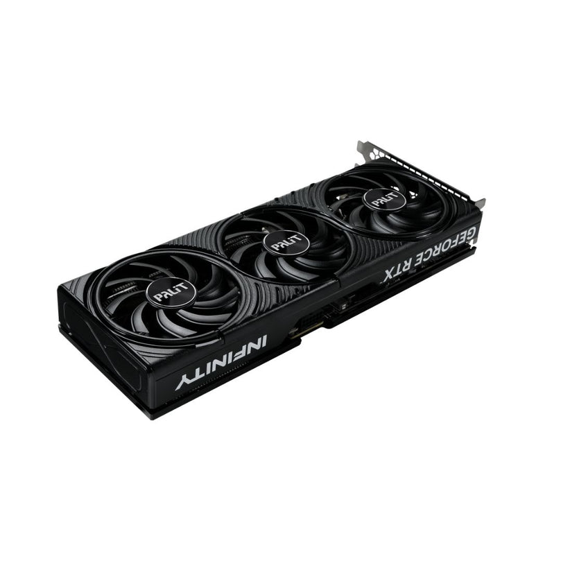 Front view of PALIT RTX 5070 Infinity 3 Graphics Card with triple-fan cooling
Side angle of Palit RTX 5070 12GB GDDR7 GPU
Backplate design of GeForce RTX 5070 Infinity 3 by Palit
PALIT NE75070019K9-GB2050S Graphics Card PCIe slot view