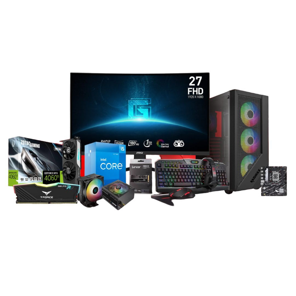 GAMING PC BUNDLE (Intel Core i5-12400F, 16GB DDR4, 1TB NVMe SSD, RTX 4060 8GB, 650W PSU, B760 Motherboard, Micro-ATX RGB Case, 27" 180Hz Curved Monitor & 4-in-1 Gaming Combo)