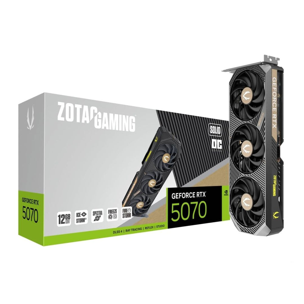 ZOTAC GAMING RTX 5070 SOLID OC front view
RTX 5070 triple-fan cooling system
ZOTAC RTX 5070 ports and connectivity
Backplate and design of RTX 5070 SOLID OC
SPECTRA RGB lighting RTX 5070