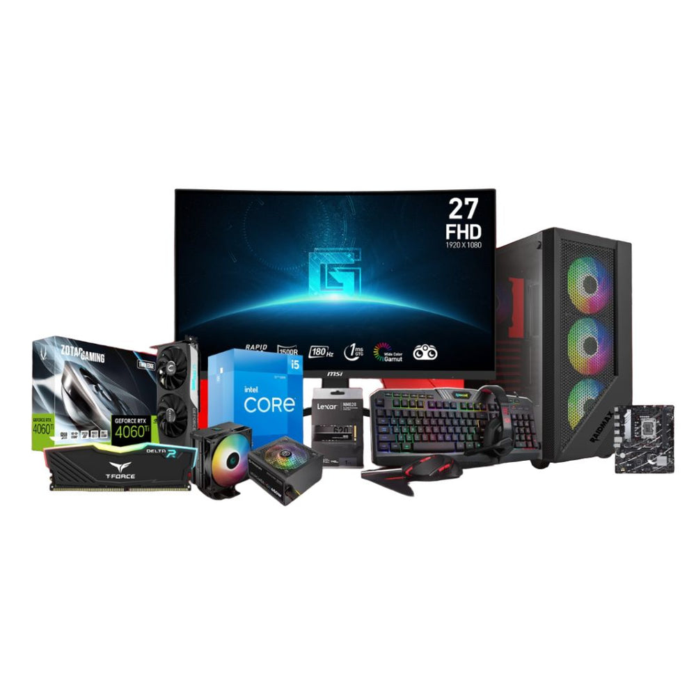 GAMING PC BUNDLE (Intel Core i5-12400F, 16GB DDR4, 1TB NVMe SSD, RTX 4060 8GB, 650W PSU, B760 Motherboard, Micro-ATX RGB Case, 27" 180Hz Curved Monitor & 4-in-1 Gaming Combo)