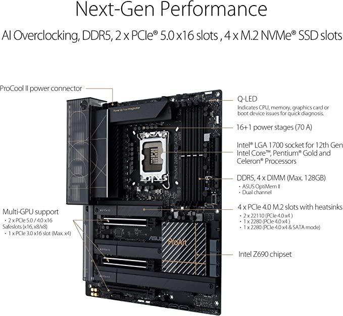 ASUS ProArt Z690-Creator WiFi 6E LGA 1700 (Intel 12th Generation) ATX Content Creator Motherboard (PCIe 5.0, DDR5, 2X Thunderbolt 4, 10G & 2.5G LAN, 4xM.2, Front Panel USB 3.2